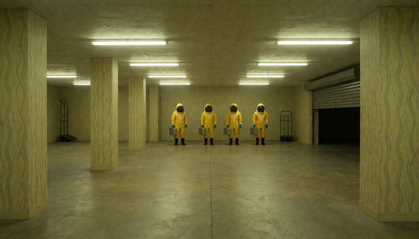 Four figures in sealed yellow suits and dark visors stand in a row at the far wall of an empty yellow hall, each holding a grey case