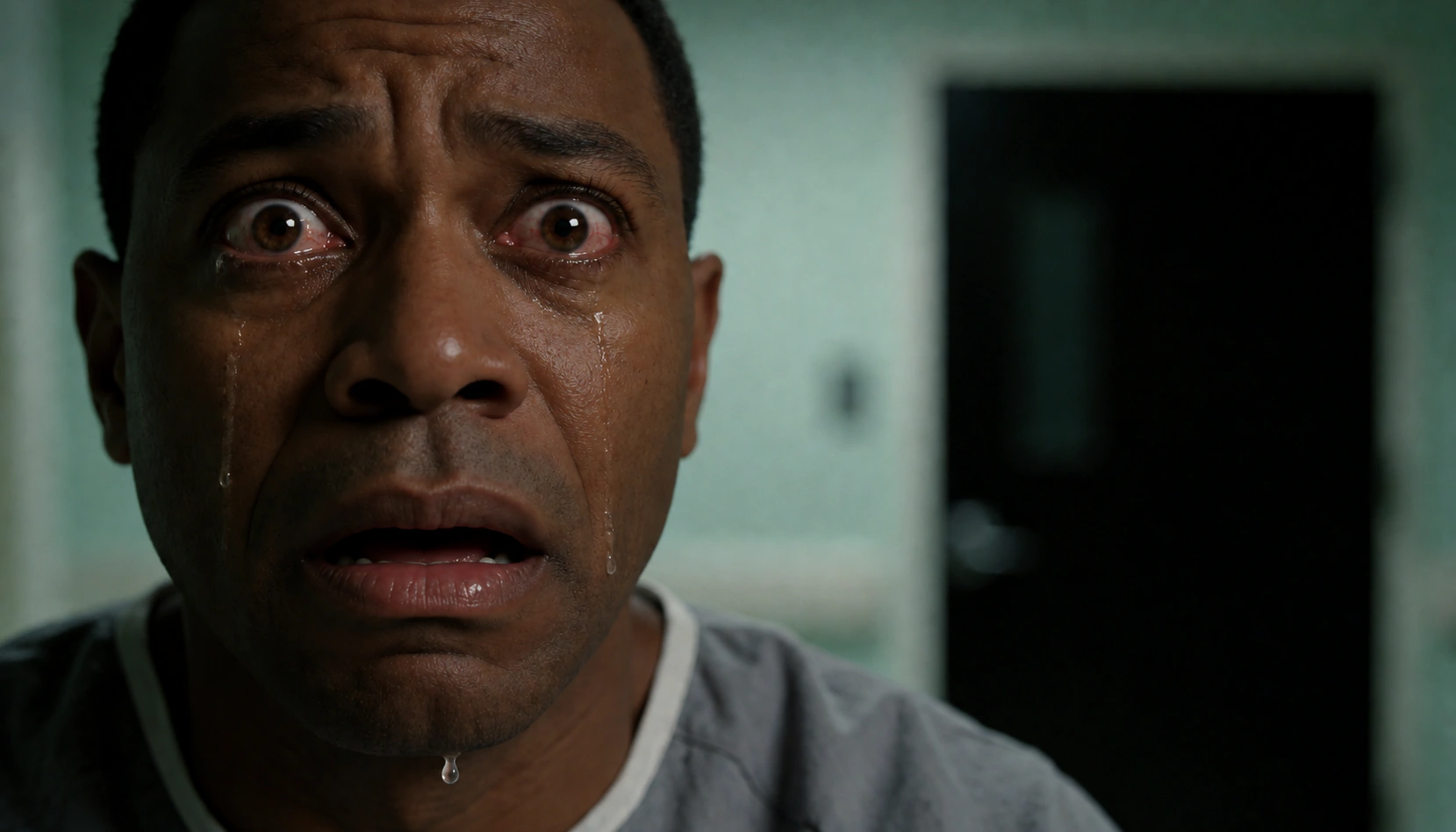 A terrified man with bright tear-filled eyes in a dark hospital
